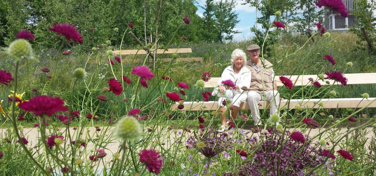 Hinter blühenden Blumen sitzt ein älteres Paar auf einer Bank